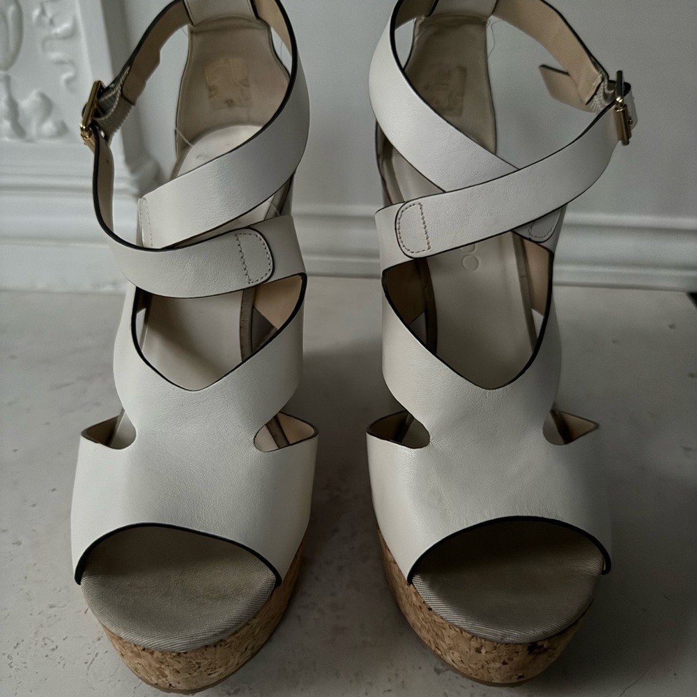 Jimmy Choo Brown and White Wedge Sandals